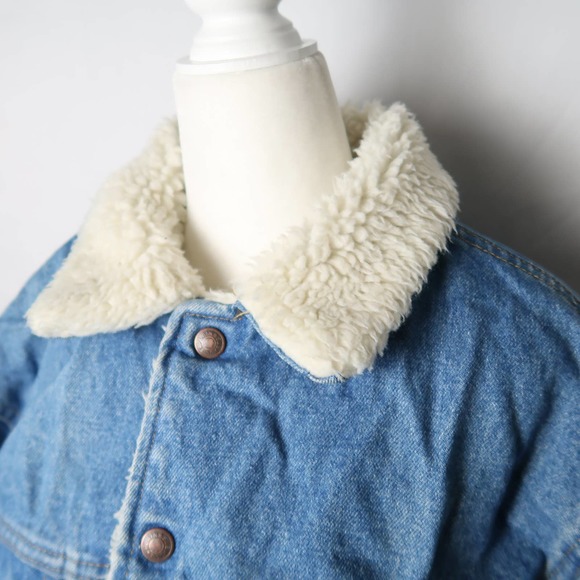 Vintage 80s Plain Pockets Men's blue denim sherpa lined jacket M - Picture 2 of 8
